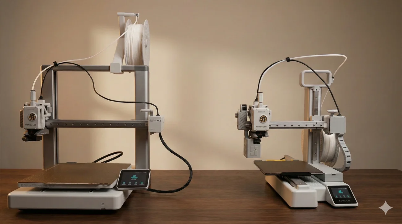 השוואת גדלים בין מדפסת תלת מימד Bambu Lab A1 למדפסת A1 Mini על שולחן עבודה אחד.