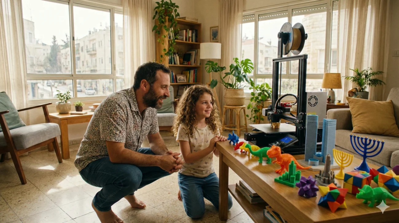 אבא וילד מסתכלים על מדפסת תלת מימד ביתית המדפיסה דגמים צבעוניים בסביבה ביתית