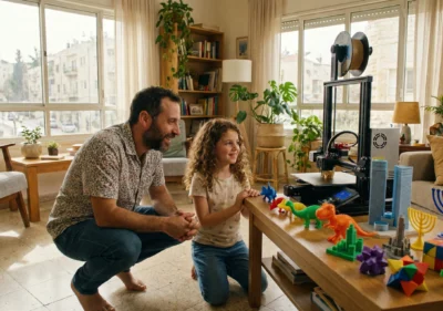 אבא וילד מסתכלים על מדפסת תלת מימד ביתית המדפיסה דגמים צבעוניים בסביבה ביתית