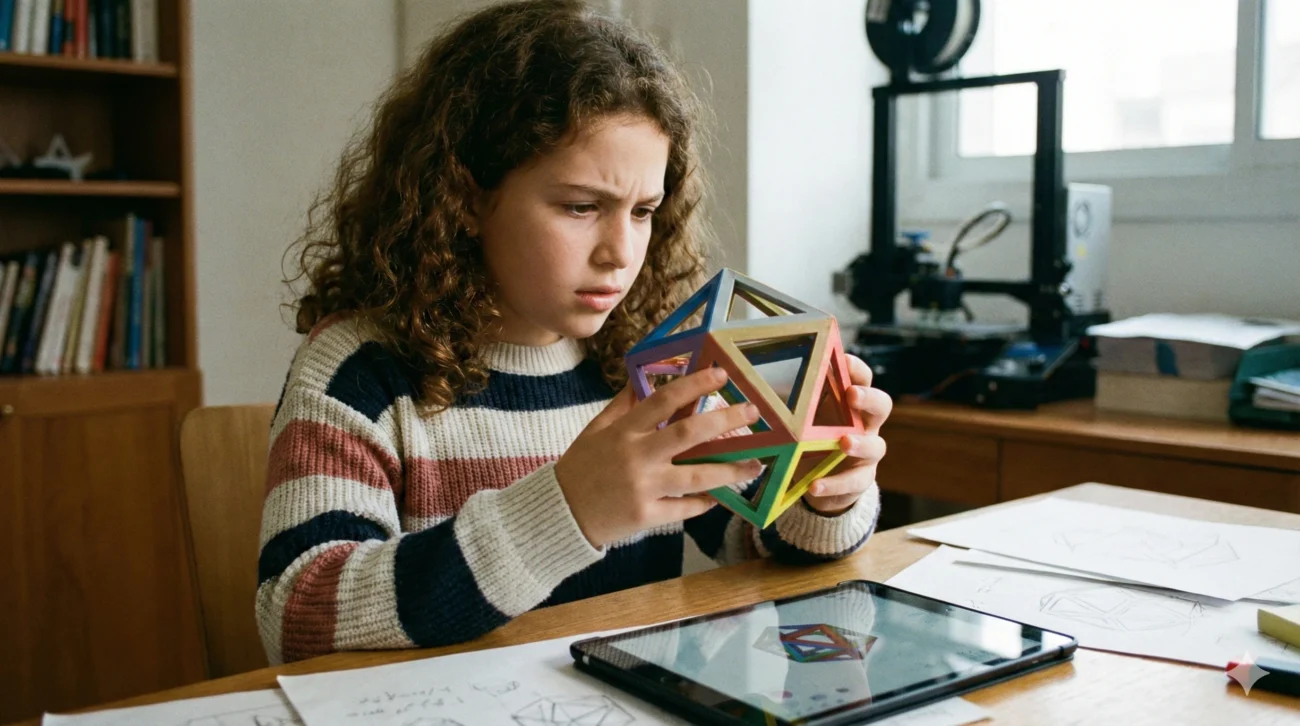 ילדה חוקרת מודל גיאומטרי מורכב שהודפס במדפסת תלת מימד ביתית כחלק מלימודי STEM.