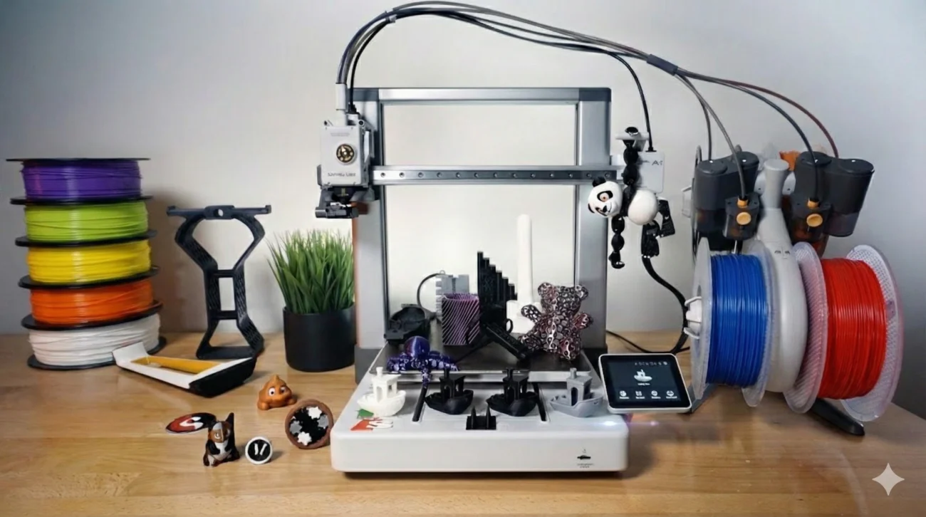 מדפסת Bambu Lab A1 Mini עם מערכת AMS lite להדפסה ב-4 צבעים בו זמנית.