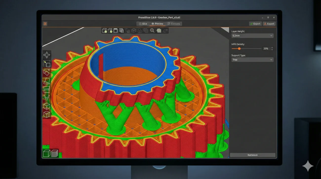 תוכנת סלייסר פריסת מודל לשכבות והגדרות הדפסה