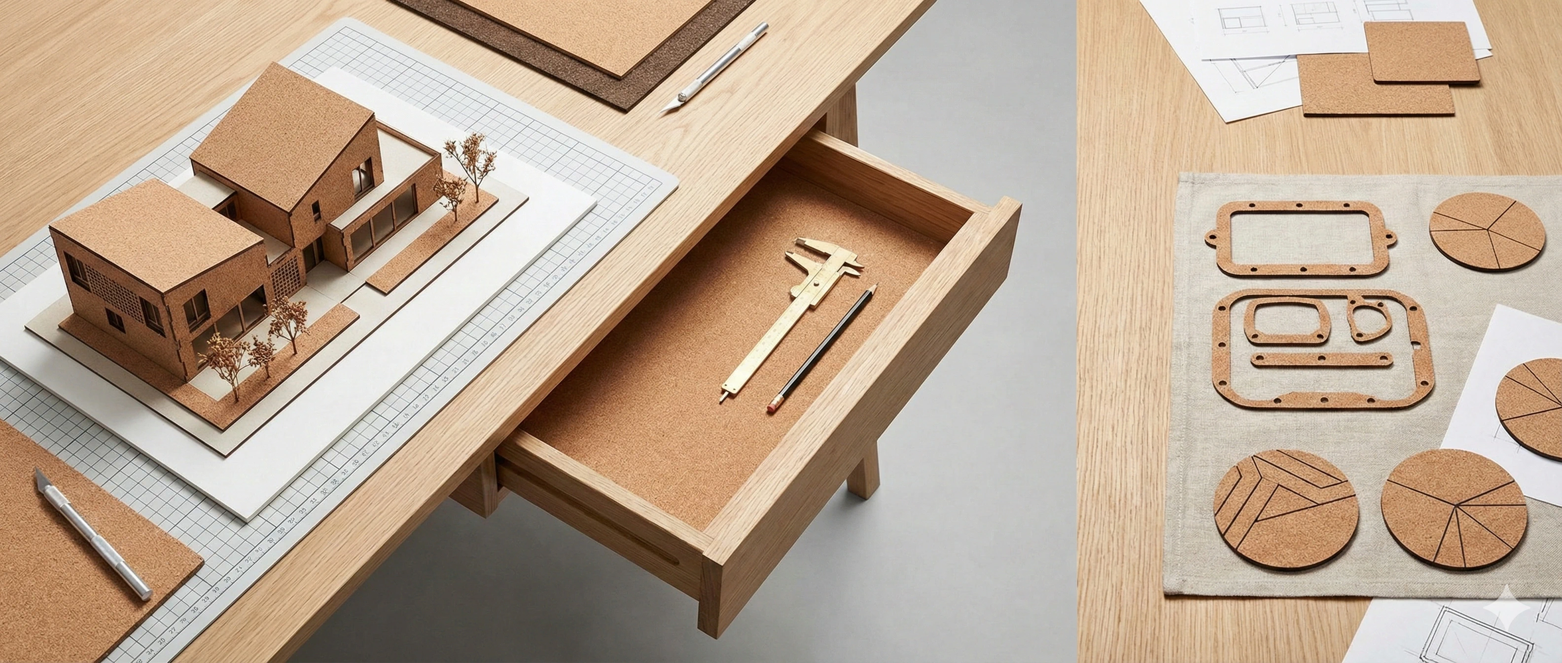 מוצרי שעם שונים: אטמים טכניים, דגם אדריכלי, תחתיות לכוסות ודיפון למגירות על שולחן עבודה.