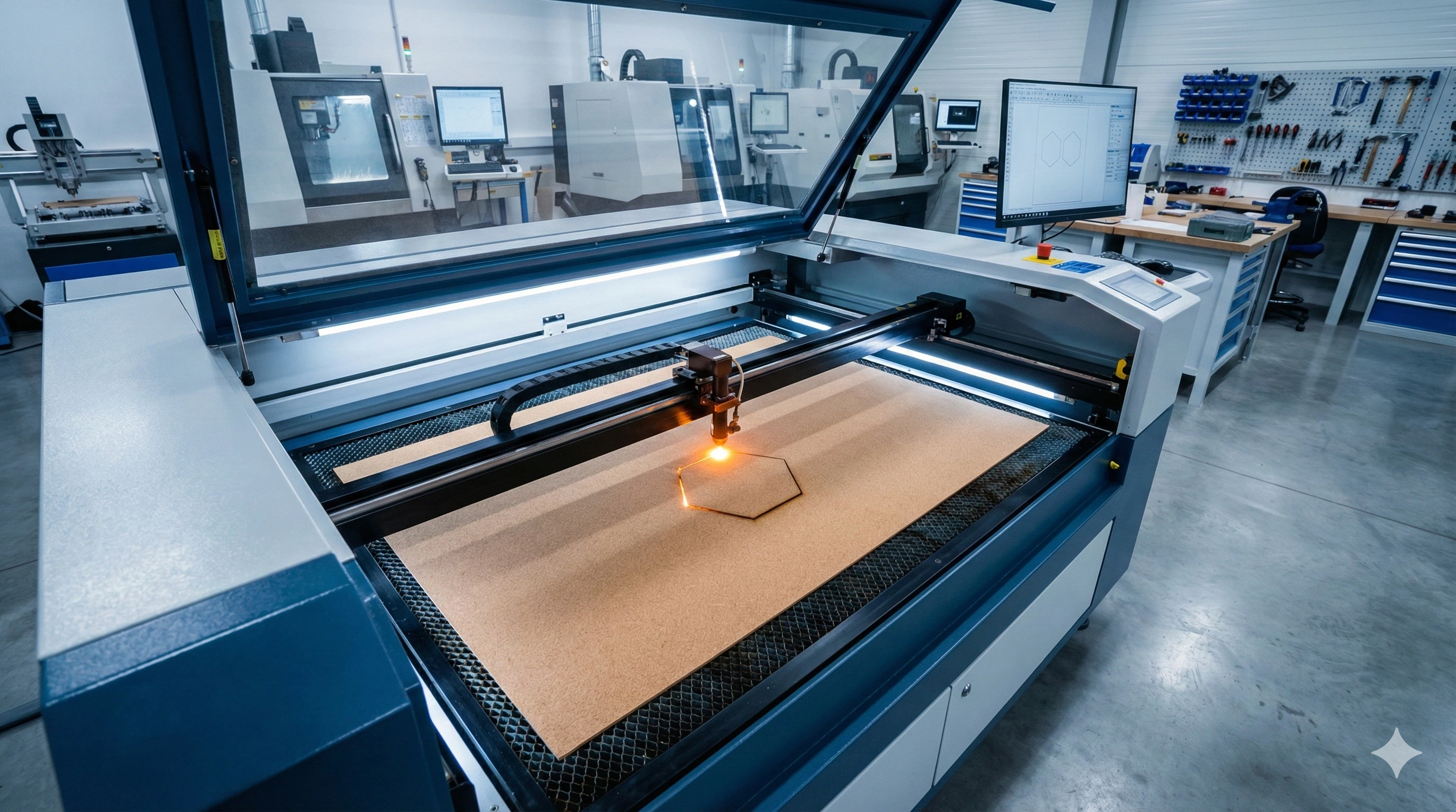 מכונת לייזר מקצועית מבצעת חיתוך צורני מדויק ודקורטיבי בלוח שעם 3 מ"מ בבית מלאכה.